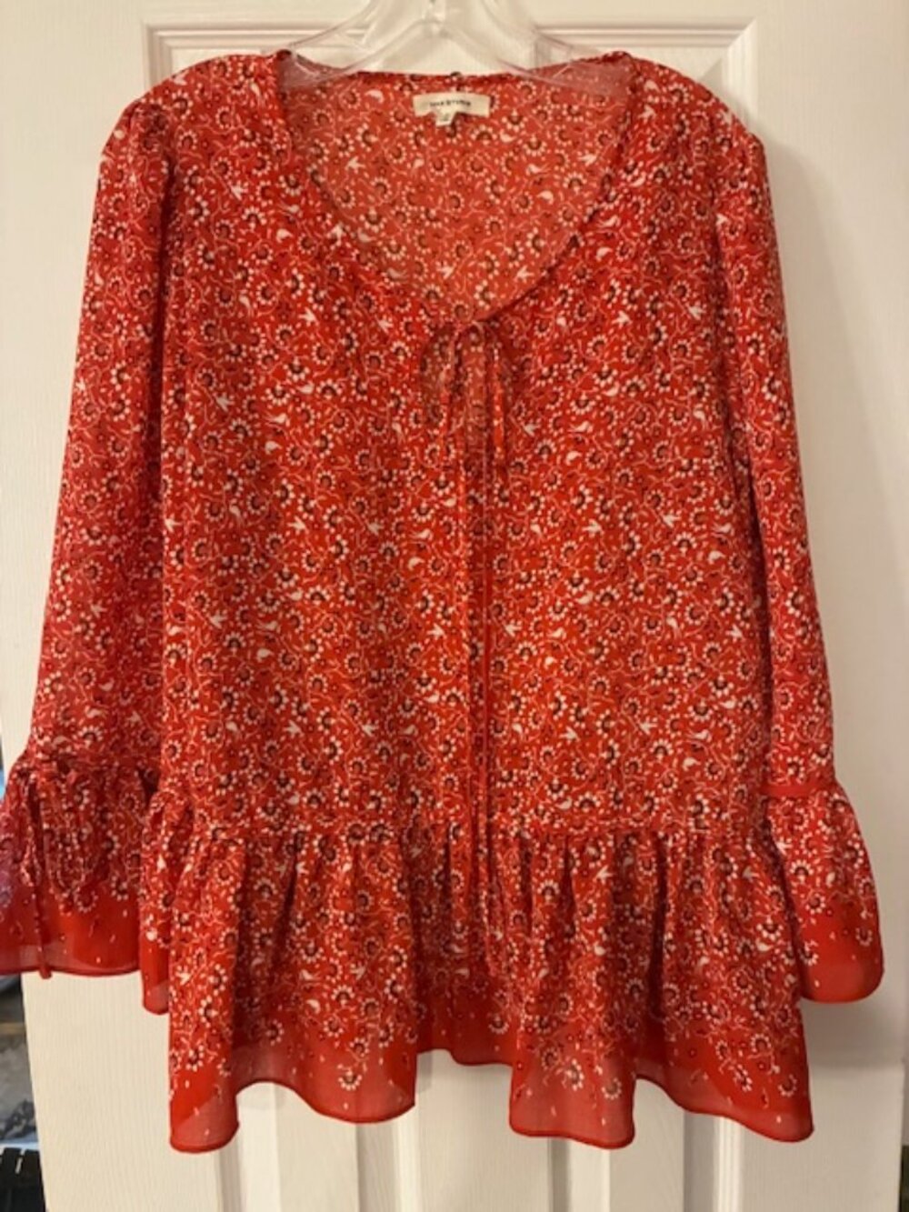 Max Studios Womens Red Floral 3/4 sleeve Peplum Top Blouse Sz L Country Festival